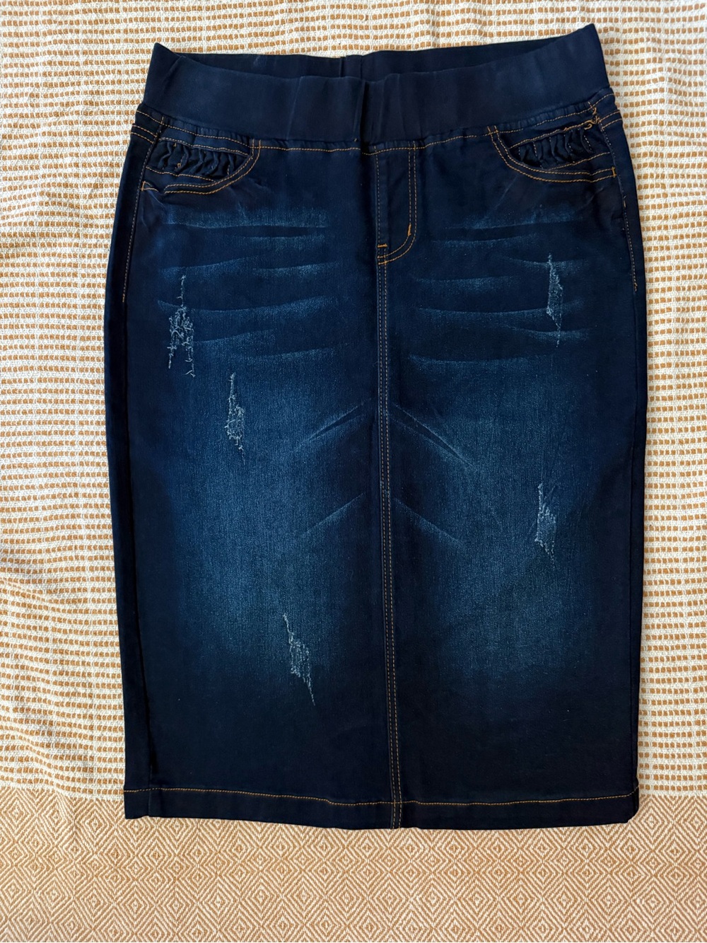 Be Girl Boutique Stretch Dark Indigo Denim Pencil Skirt with Distressing NWT